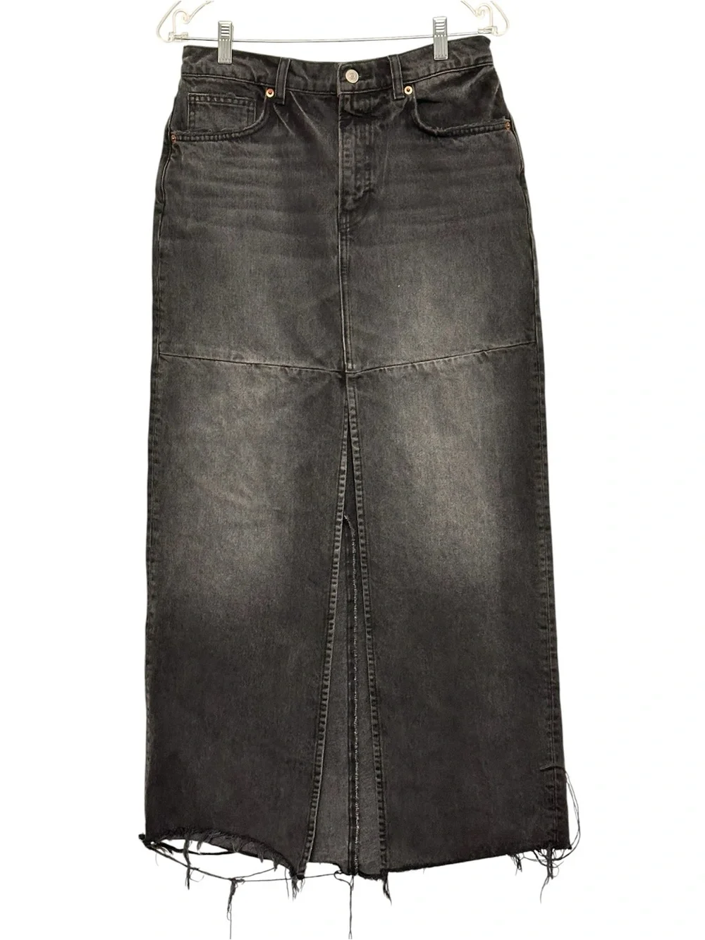 Reformation Women's Tazz Maxi Front Slit Denim Skirt Washed Black Raw Hem SZ 28